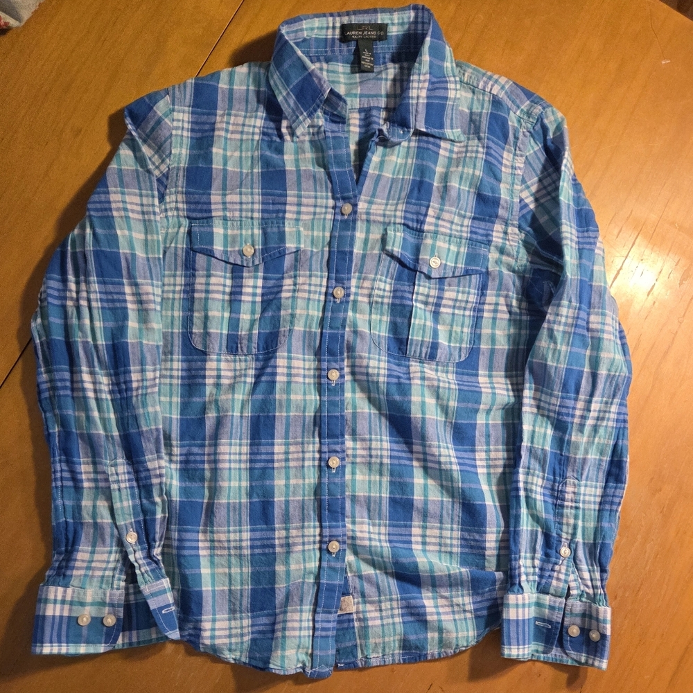LRL Lauren Jeans Co Women's Long Sleeve Button Shirt Blue/Green Plaid Large